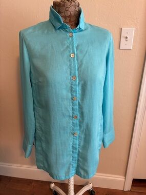 Fridaze 100% Linen  Turquoise Button-Shirt Lagenlook Vacation, Beach, Cruise.